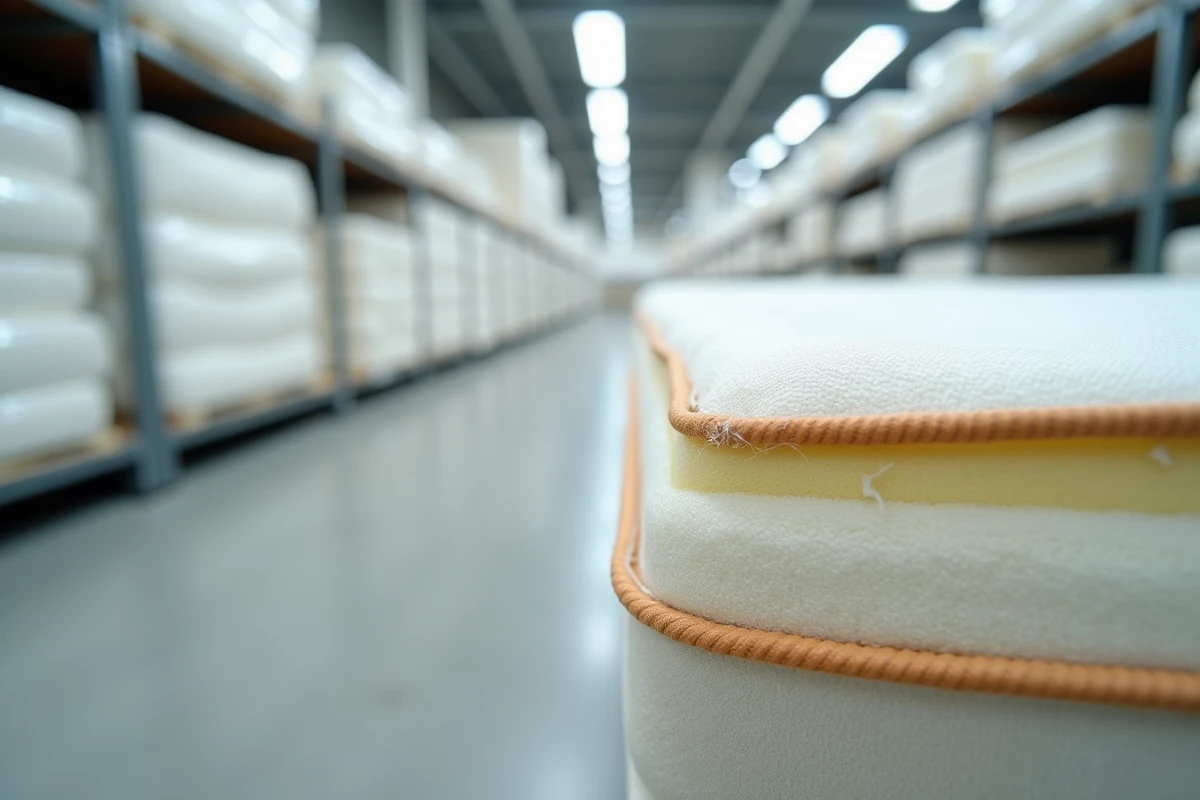 Gros plan sur une couture défectueuse et un tissu de mauvaise qualité sur un coin de matelas en magasin