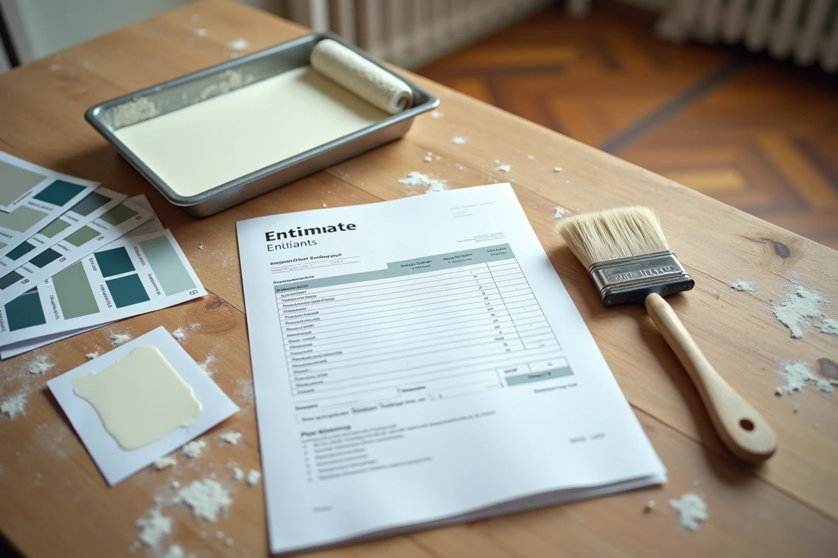 Devis de peinture pour appartement posé sur une table avec outils de peintre professionnels