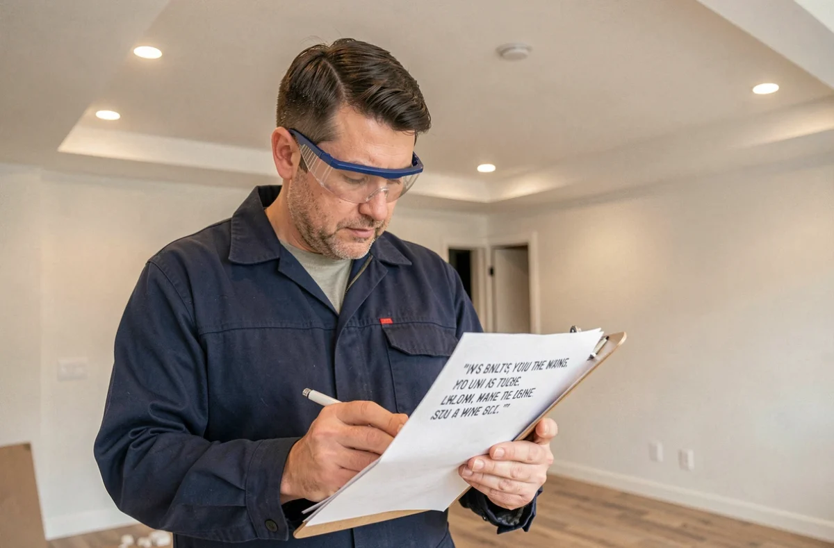 Artisan plaquiste vérifiant un devis de pose de faux plafond dans une pièce avec plafond en plaques de plâtre terminé
