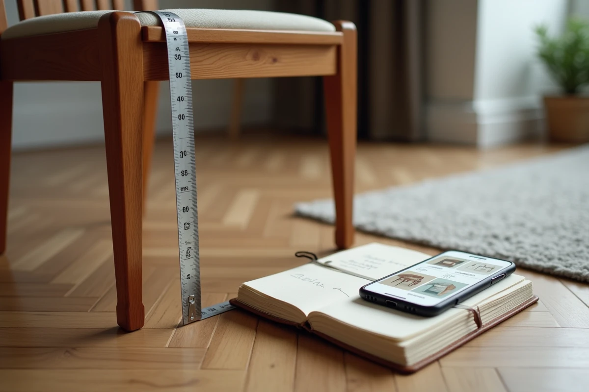 Gros plan sur une chaise en bois avec mètre ruban et notes manuscrites pour comparer les dimensions standard avant achat en ligne
