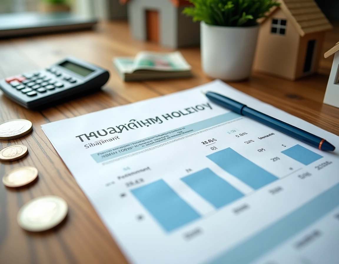 Flat-lay de documents d'assurance habitation avec calculatrice et billets en euros symbolisant la hausse du prix moyen pour une maison de 120m2