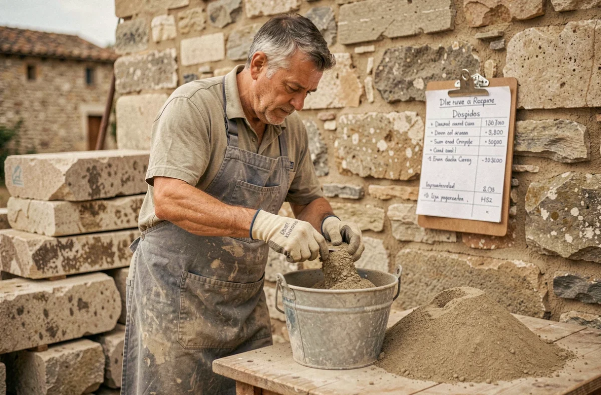 Maçon mesurant le dosage ciment sable pour la construction d'un mur en pierre sur un chantier rural