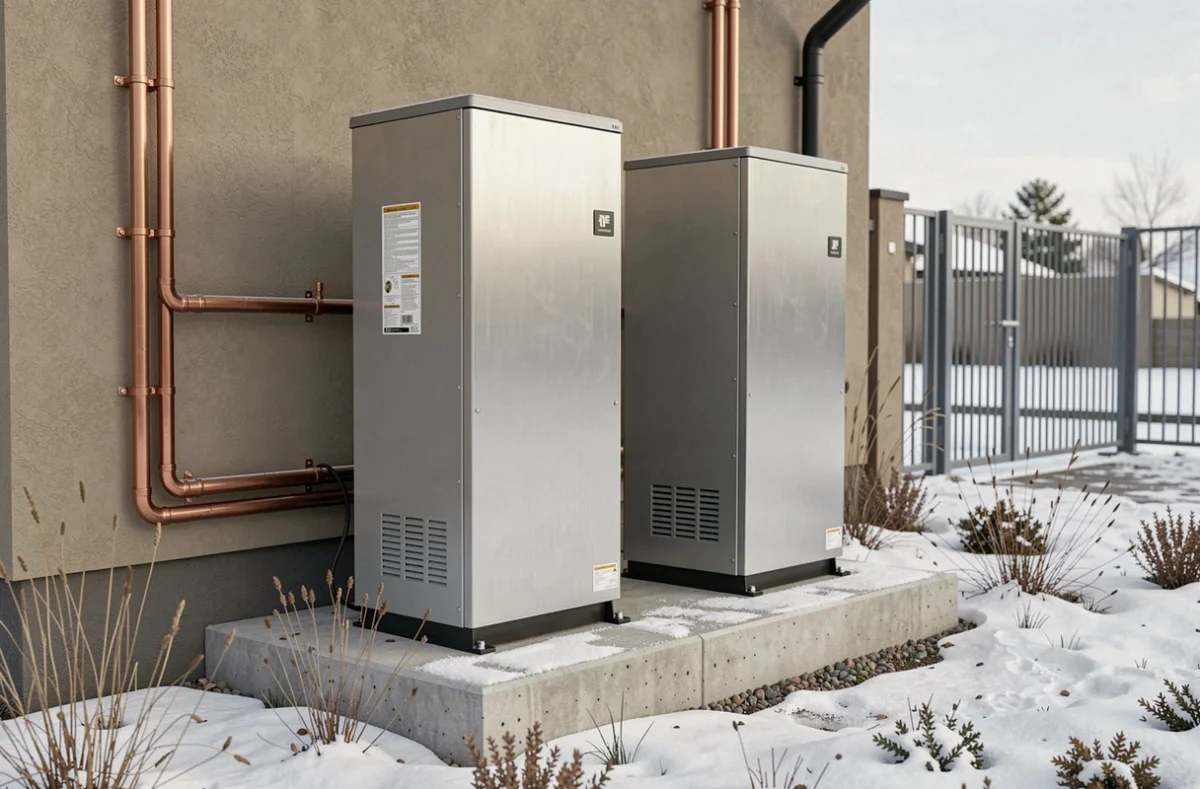 Double unité de pompe à chaleur eau-air installée sur plot béton en hiver