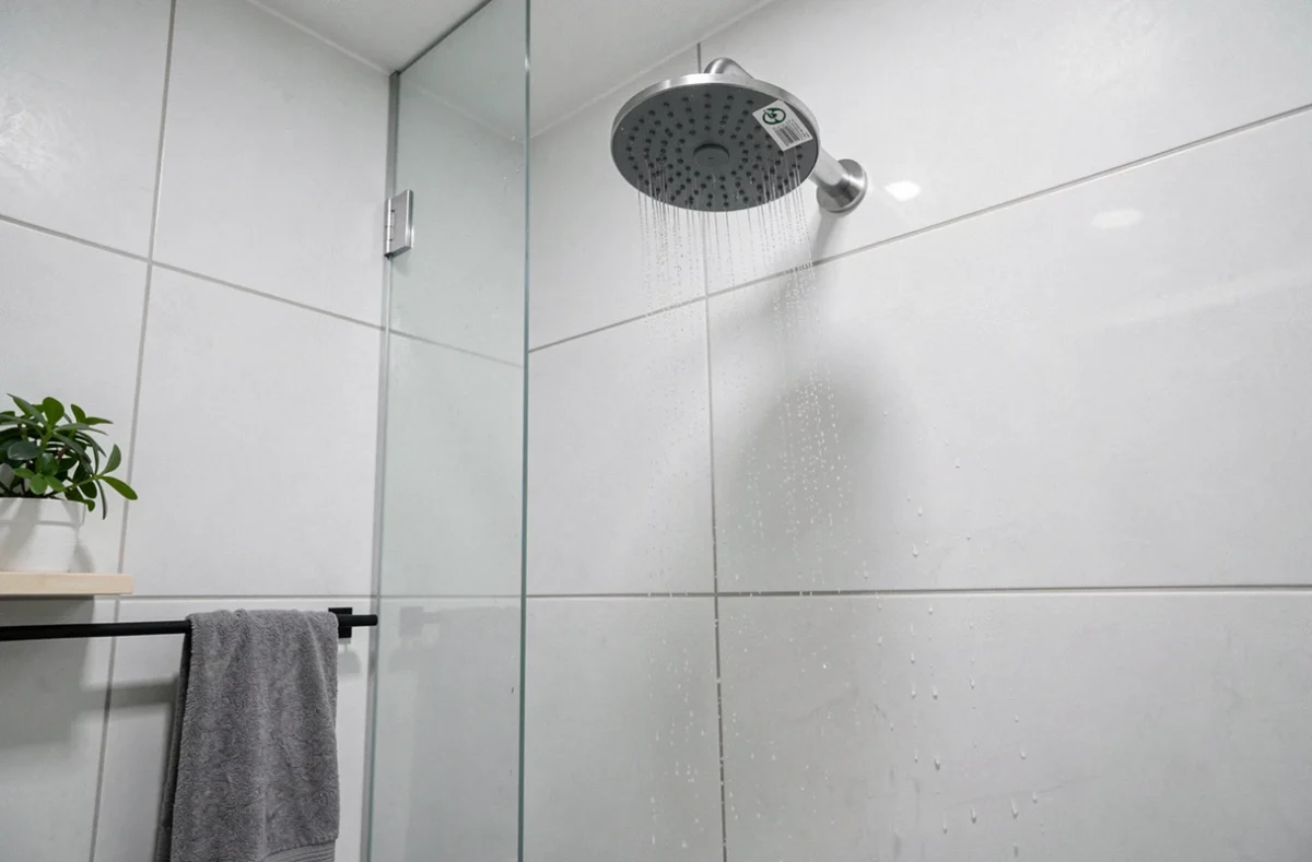 Pommeau de douche à faible consommation d'eau monté au mur dans une salle de bain moderne minimaliste