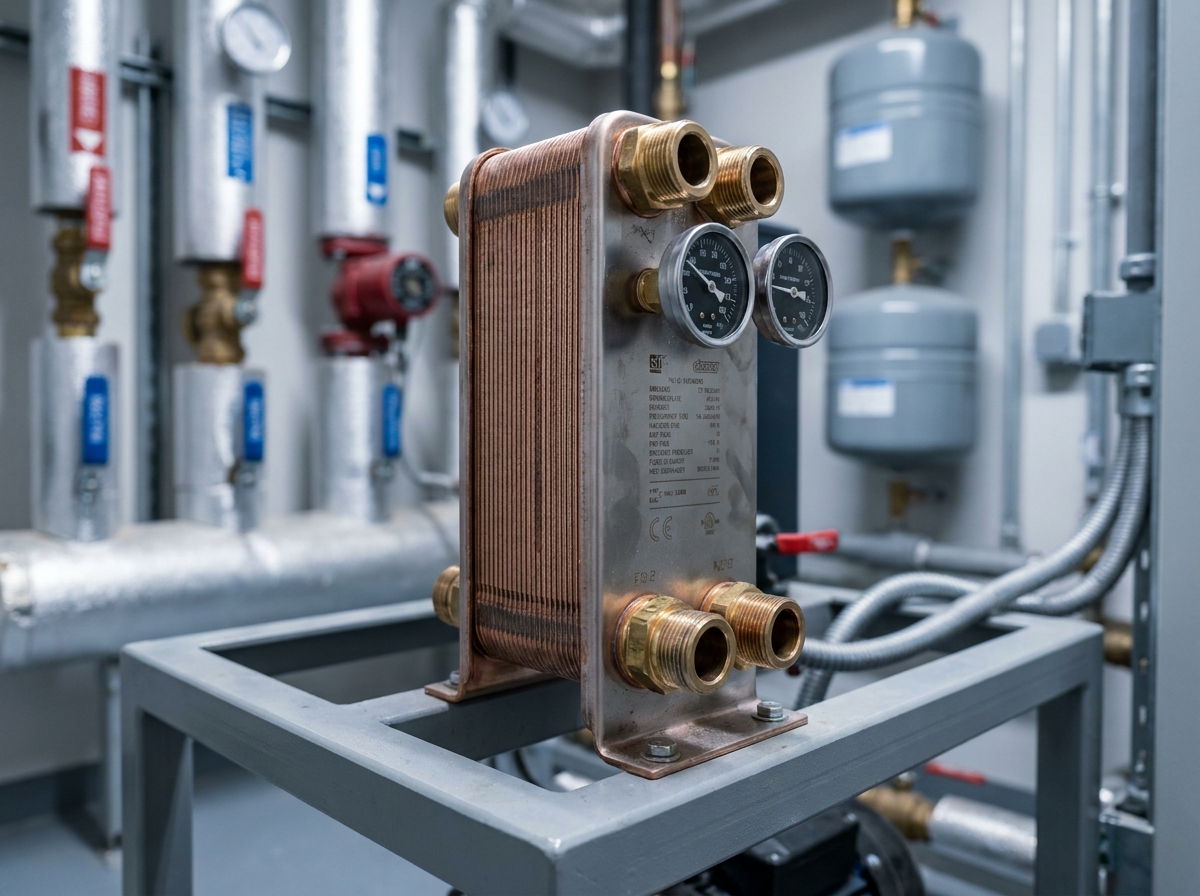 Échangeur thermique à plaques brasées installé sur un châssis industriel dans une chaufferie technique