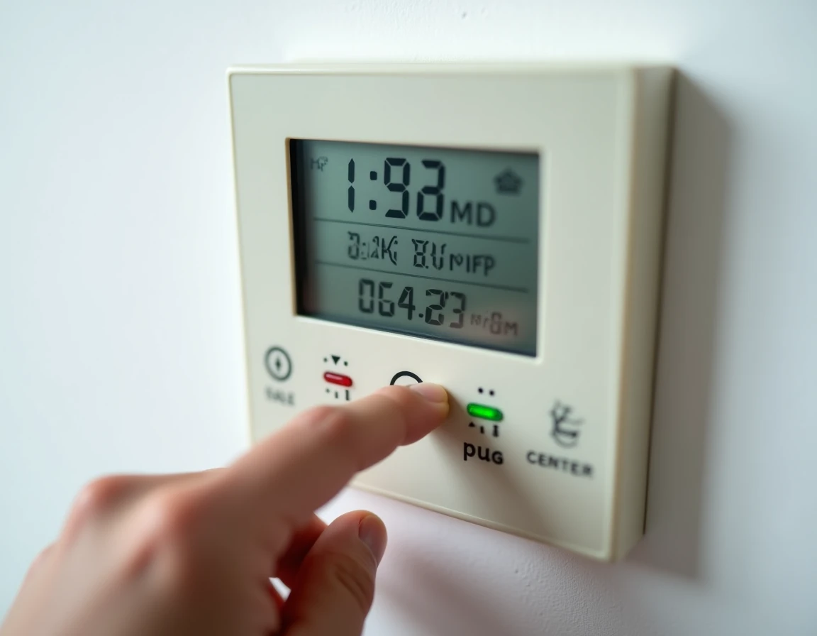 Gros plan sur l'écran de contrôle d'une pompe à chaleur air eau affichant la consommation en kWh et le coefficient de performance