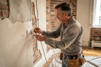 Électricien branchant un interrupteur poussoir sur un mur en rénovation dans un appartement