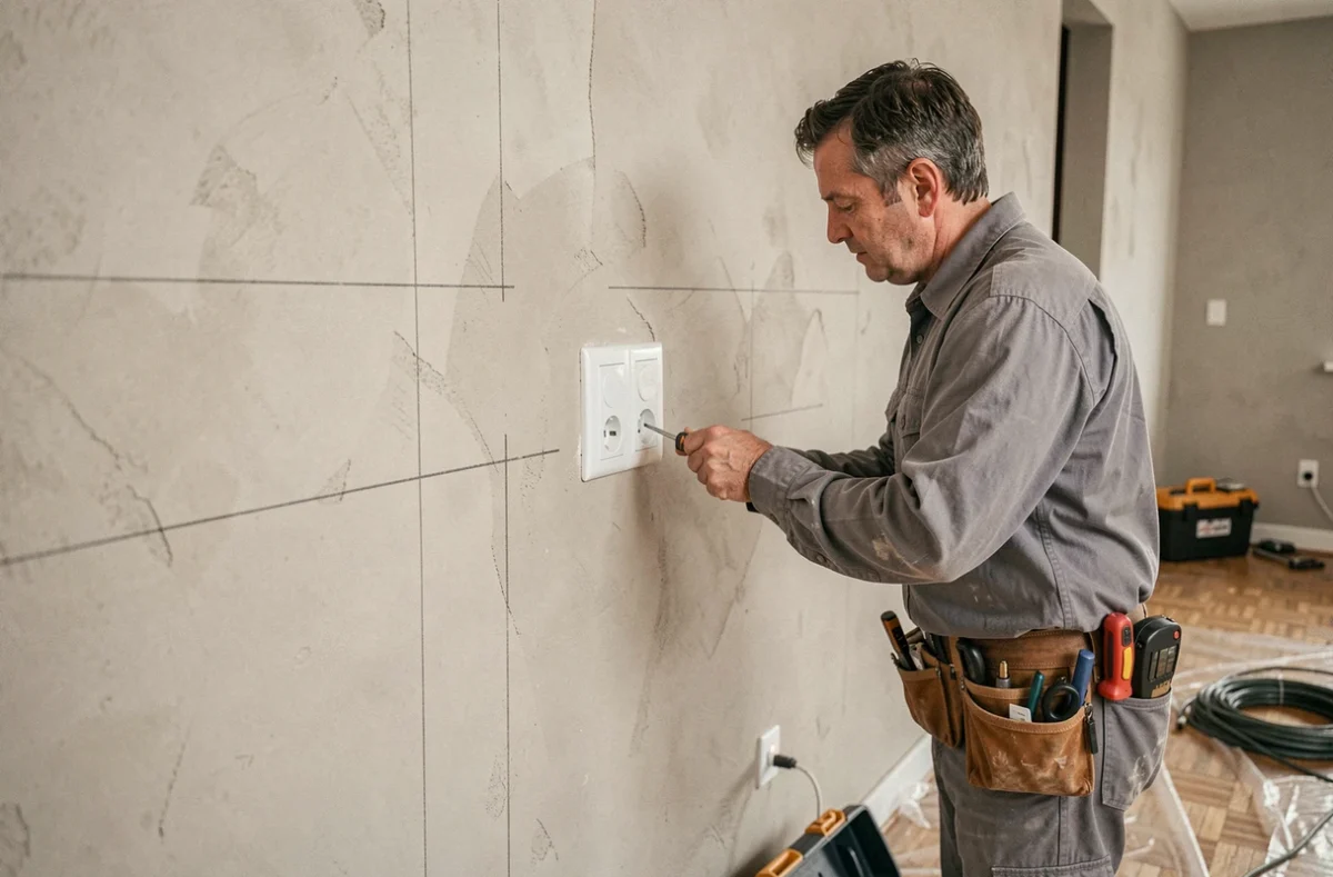 Électricien installant une prise TV et antenne murale dans une pièce en cours de rénovation