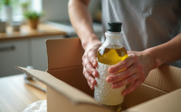 Déménagement : astuces pour emballer les liquides en toute sécurité Main emballant une bouteille d'huile d'olive dans du papier bulle