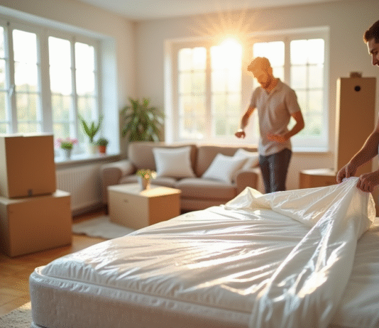 Personne enveloppant un matelas dans un plastique de protection dans un salon lumineux