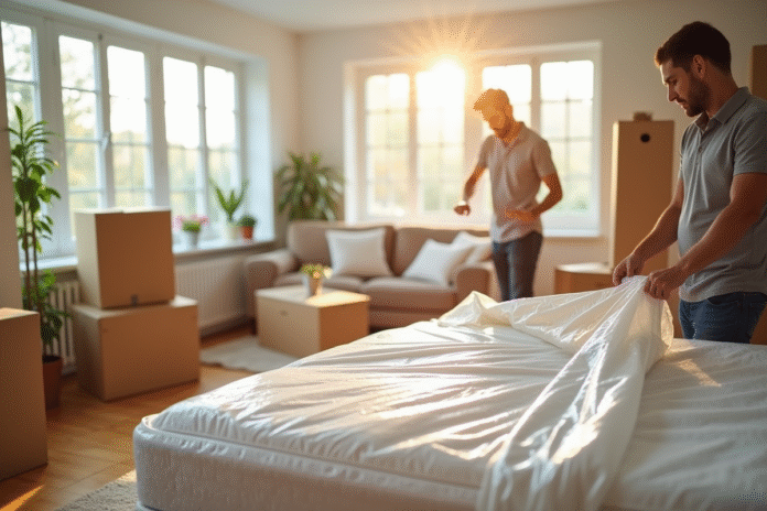 Personne enveloppant un matelas dans un plastique de protection dans un salon lumineux
