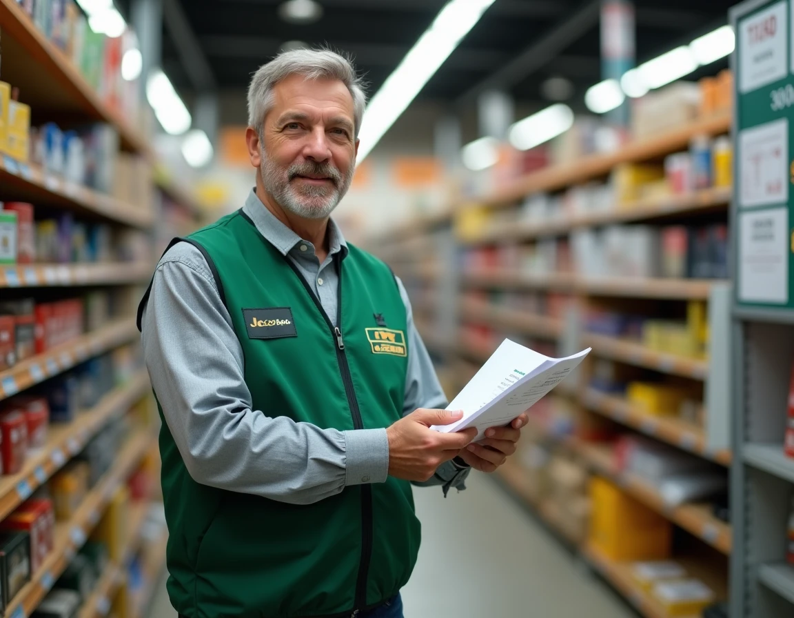 Employé Leroy Merlin en gilet vert tenant un document d'horaires en magasin