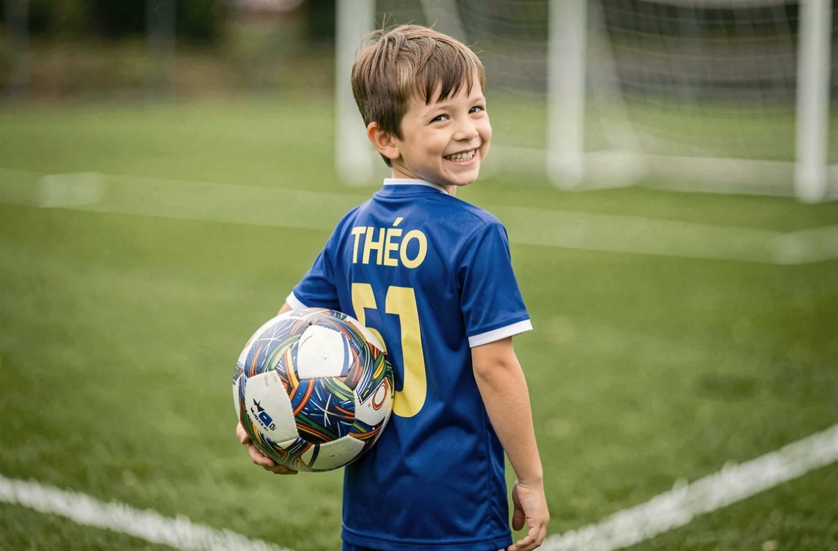 Enfant portant un maillot de football personnalisé avec son prénom tenant un ballon customisé sur un terrain de foot en gazon naturel