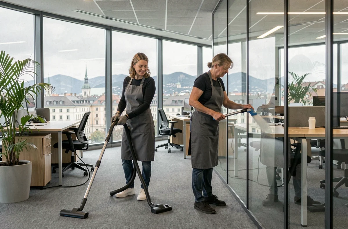 Équipe de femmes de ménage travaillant dans un bureau moderne avec vue sur Genève