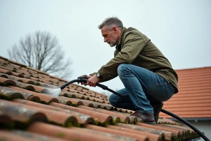 Propriétaire utilisant un karcher sur une toiture en tuiles avec un mauvais angle, risquant d'endommager la couverture