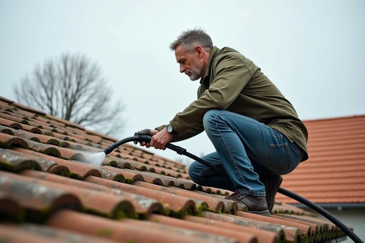 Propriétaire utilisant un karcher sur une toiture en tuiles avec un mauvais angle, risquant d'endommager la couverture