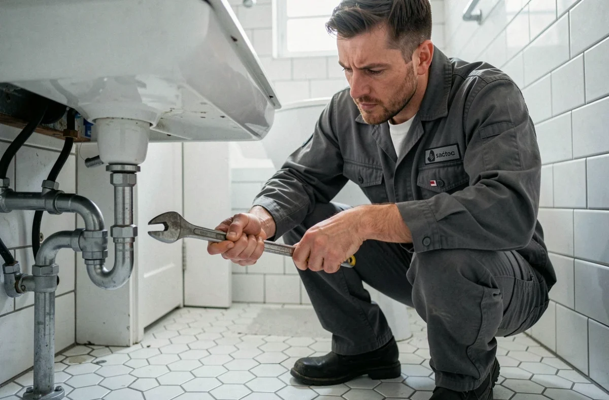Plombier d'Eurl Abr Plomberie serrant des raccords sous un lavabo dans une salle de bain carrelée de blanc