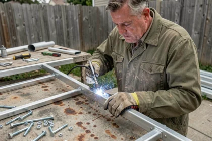 Homme bricolant un support de panneau solaire en métal dans un atelier extérieur