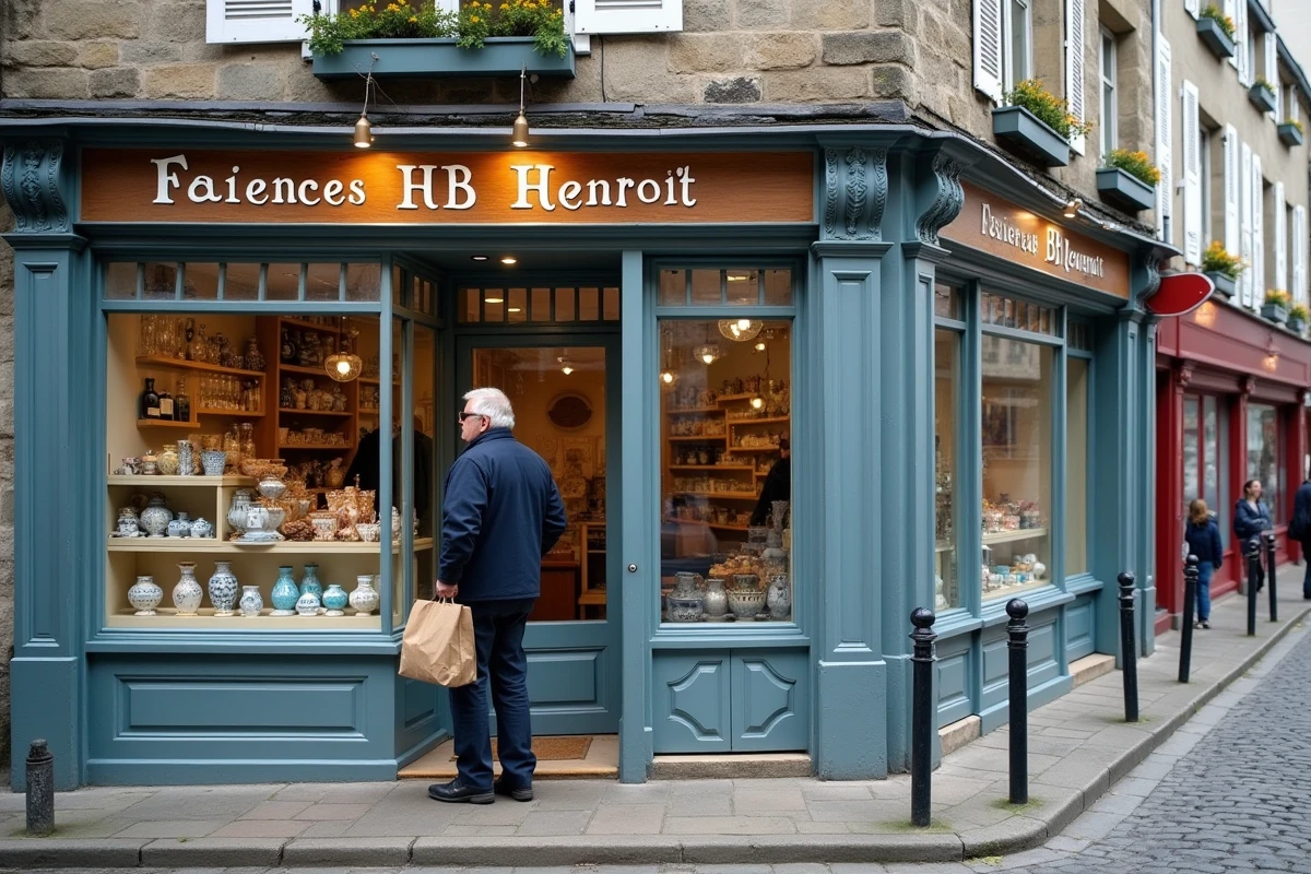 Façade en granit de la boutique Faïences Henriot Quimper avec devanture de céramiques bretonnes à Quimper