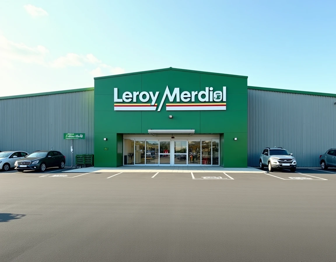 Façade extérieure du magasin Leroy Merlin avec parking et enseigne verte visible