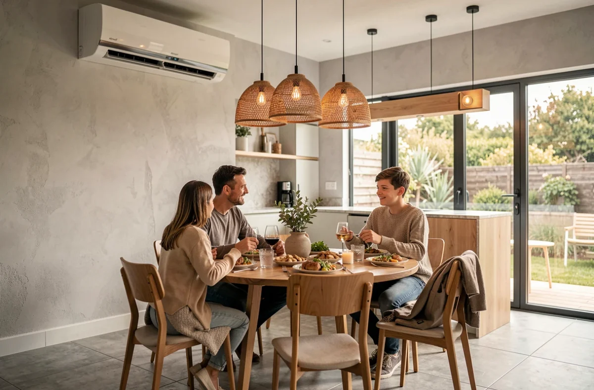 Famille profitant du confort d'une pompe à chaleur Airwell dans une cuisine ouverte contemporaine