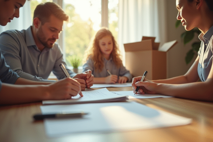 Famille jeune remplissant des papiers dans un appartement ensoleille