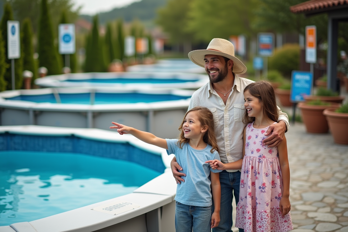 Famille avec enfants pointant piscines hors sol en magasin