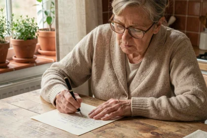 Femme âgée rédigeant une lettre de demande d'aide ménagère à sa table de cuisine