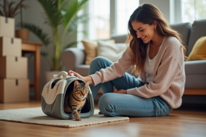 Jeune femme avec chat dans un appartement cosy