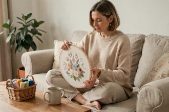 Femme adulte détendue faisant de la broderie sur un canapé en lin, kit broderie débutant posé sur une table basse, ambiance cosy anti-stress
