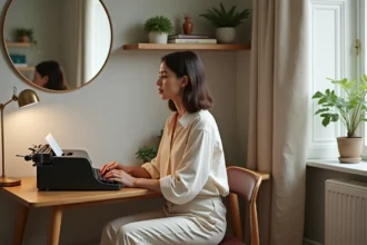 Femme concentrée utilisant une machine à écrire dans un bureau cosy
