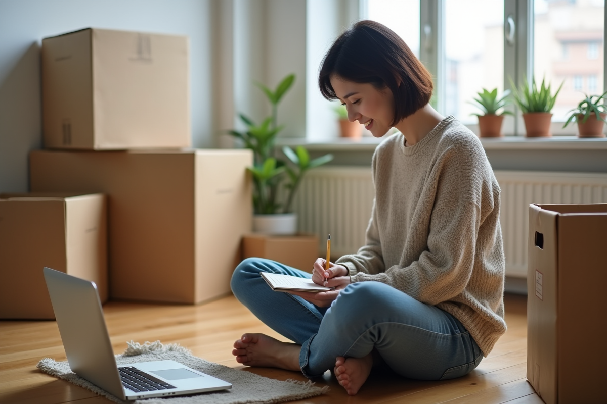 Jeune femme assise avec un carnet et des cartons vides