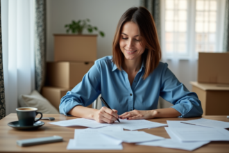 Femme remplissant un formulaire de changement d'adresse à domicile