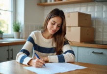 Déménagement : checklist des changements d’adresse à effectuer Jeune femme remplissant formulaires de changement d'adresse à la cuisine