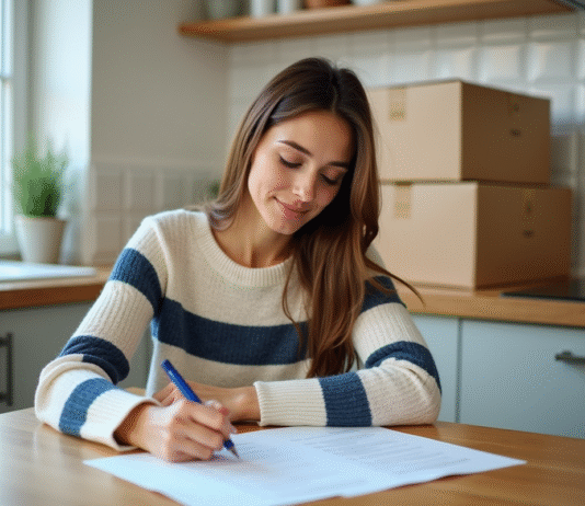 Déménagement : checklist des changements d’adresse à effectuer Jeune femme remplissant formulaires de changement d'adresse à la cuisine