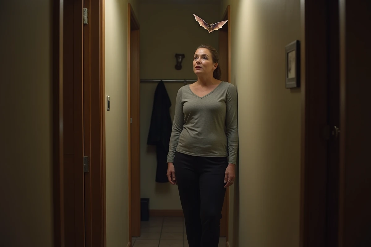 Femme observant une chauve-souris posée sur le cadre de porte de son couloir la nuit