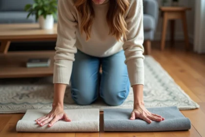 Femme comparant deux tapis de sol en intérieur