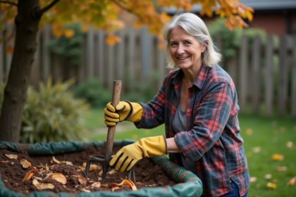 Femme en plaid et gants de jardinage utilisant une brouette à compost