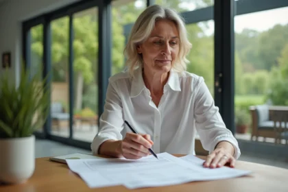 Femme concentrée examinant un devis de construction à la maison