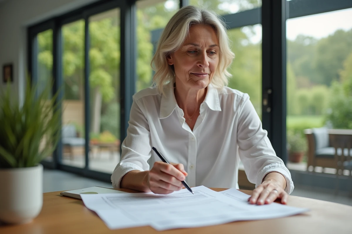 Femme concentrée examinant un devis de construction à la maison