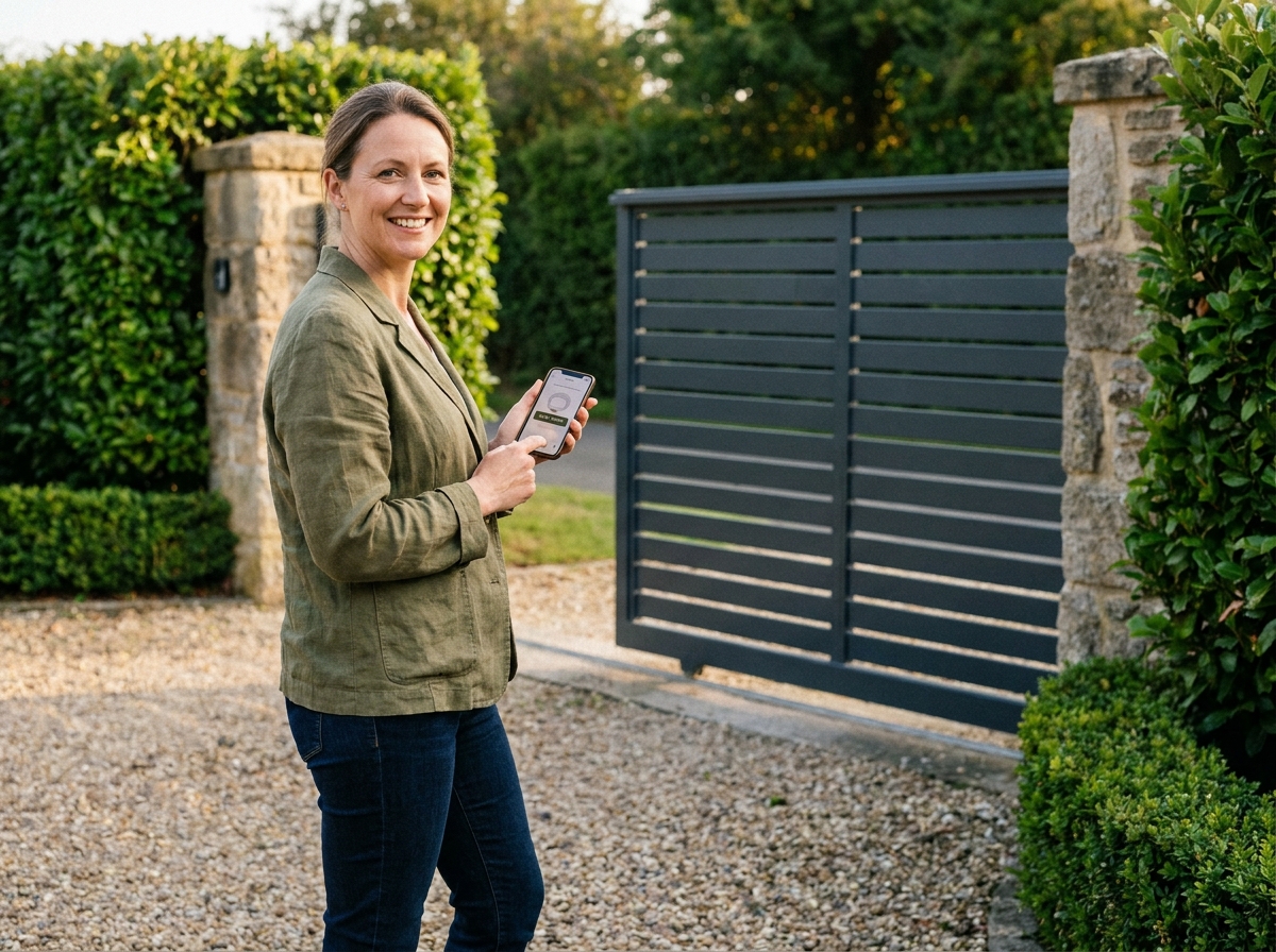 Femme utilisant son smartphone pour contrôler un portail automatique coulissant devant une maison résidentielle