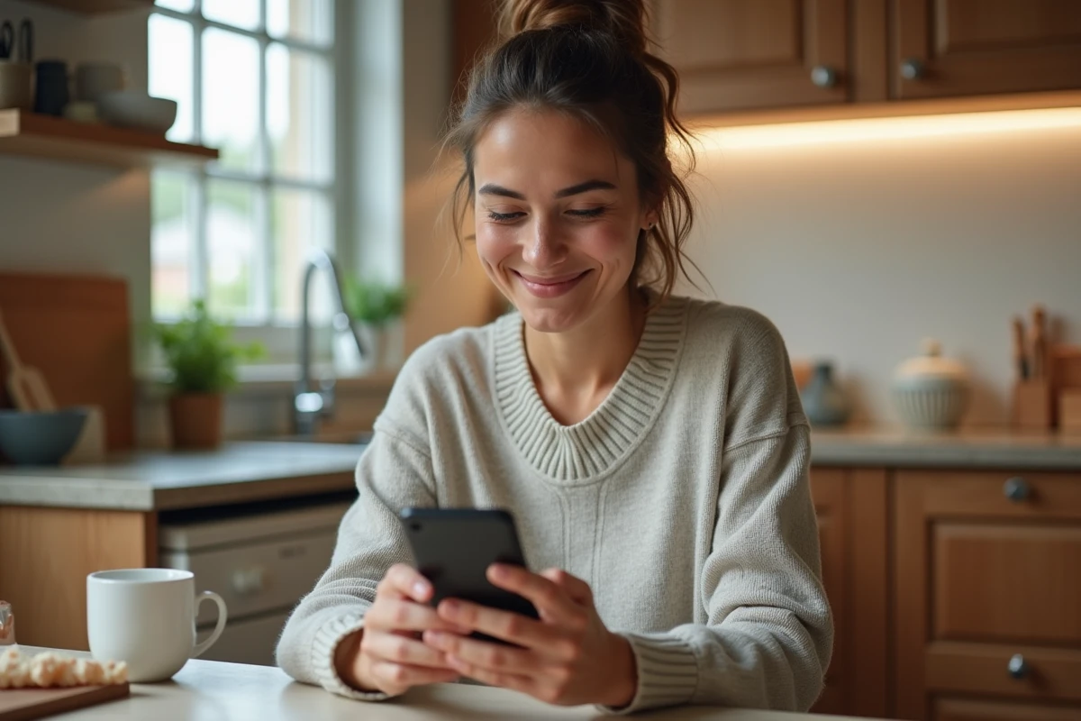 Femme dans la cuisine consulte des avis en ligne sur son smartphone