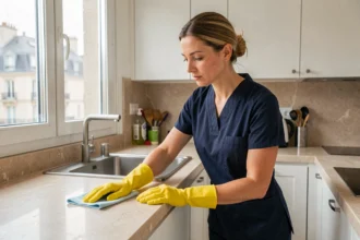 Femme de ménage professionnelle en uniforme bleu nettoyant un plan de travail dans un appartement moderne à Metz