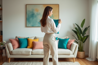 Jeune femme arrangeant des coussins colorés dans un salon moderne