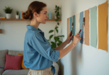 Femme choisissant des échantillons de peinture dans un appartement cosy