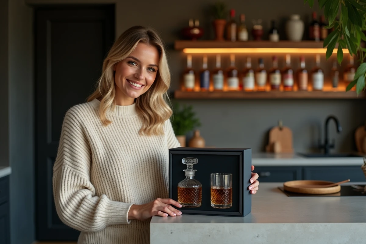 Femme souriante tenant un coffret de whisky dans la cuisine moderne
