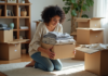 Conserver les cartons d’emballage : pourquoi et comment les utiliser efficacement ! Femme plissant des vêtements pour emballage dans un salon lumineux