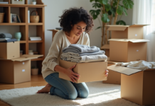 Conserver les cartons d’emballage : pourquoi et comment les utiliser efficacement ! Femme plissant des vêtements pour emballage dans un salon lumineux