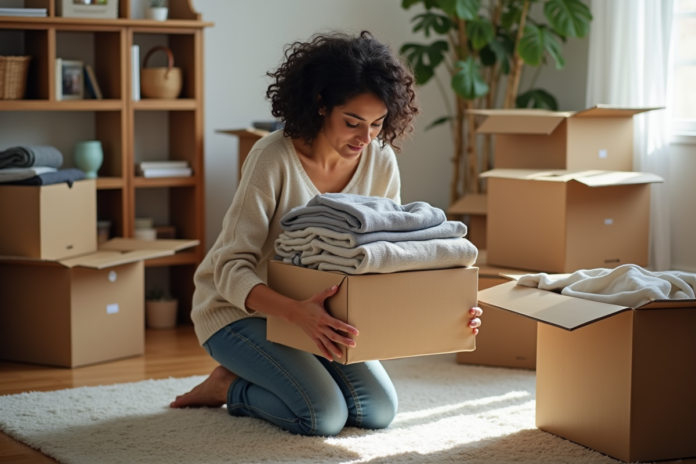 femme-emballage-vetements Femme plissant des vêtements pour emballage dans un salon lumineux