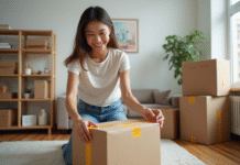 Jeune femme emballant une boîte dans un appartement organisé
